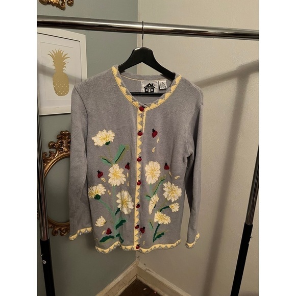Vintage 90s Y2K Storybook Knits Sweater Flowers and Lady Bugs Size Small - Picture 1 of 4